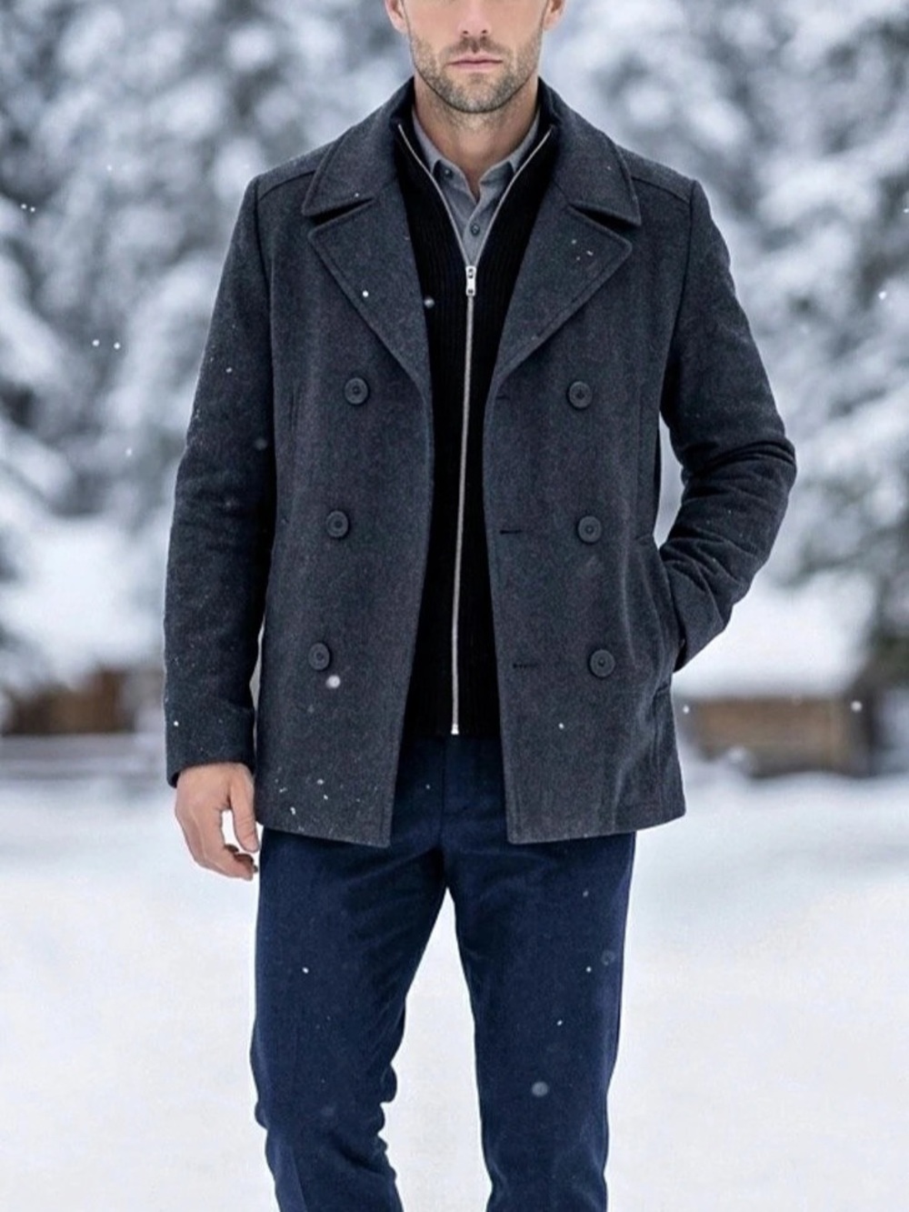 Kenneth Cole Men's Black Double Breasted Pea Coat MidLength Notch Collar Pockets